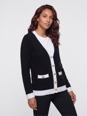 Tahari Black Cardigan with White Contrast Trim and Gold Buttons